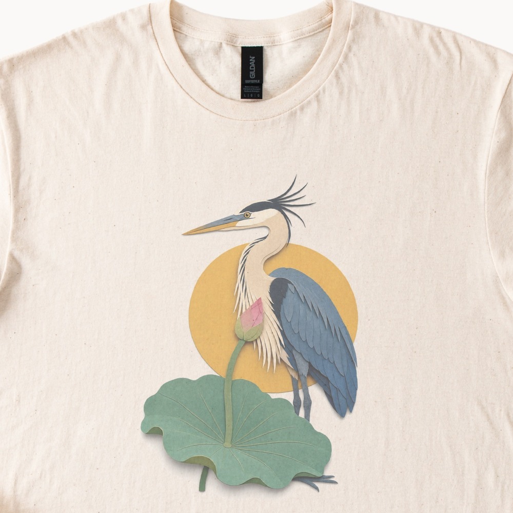 Great Blue Heron Standing Among Lotus Blooms Tee